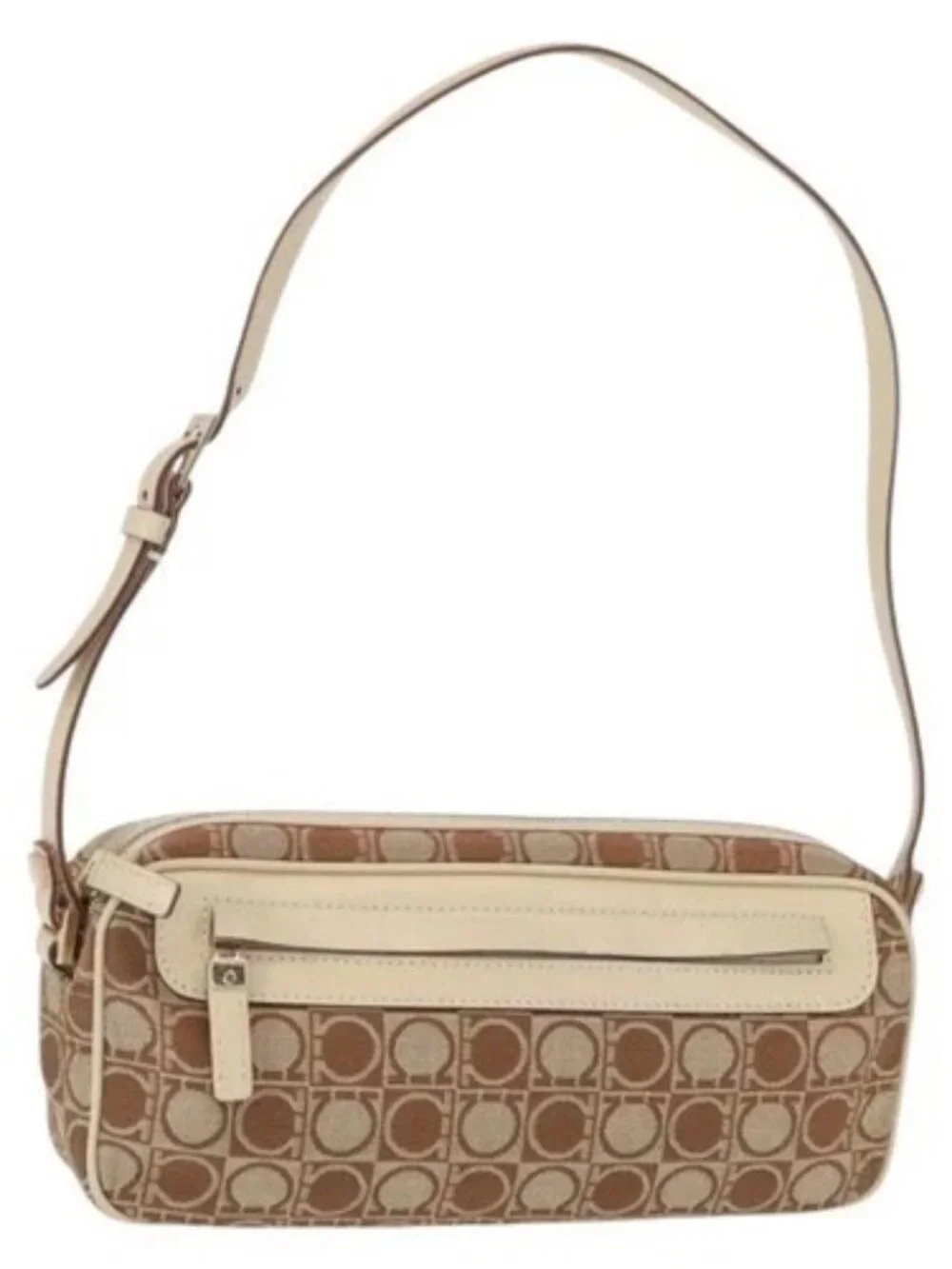 Salvatore Ferragamo Gancini Shoulder Bag Canvas Leather Beige Gold Auth BA7672
